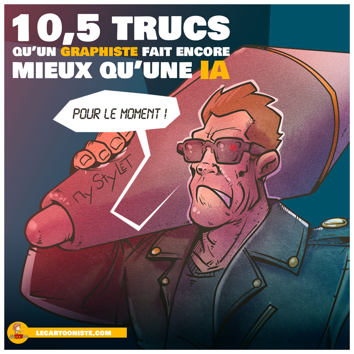 Illustration humoristique opposant un graphiste à l'intelligence artificielle, dans un esprit rétrofuturiste inspiré des robots et de la création graphique.