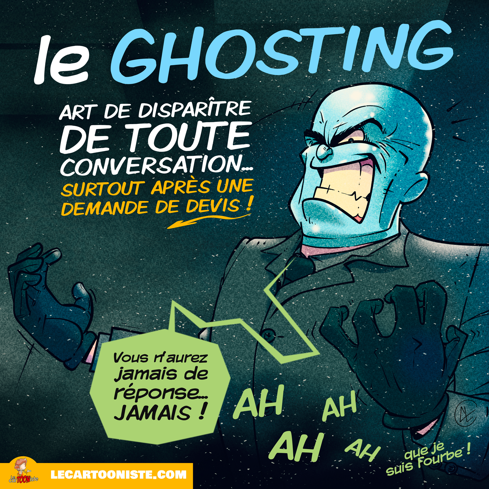 Illustration humoristique sur le ghosting professionnel, avec une ambiance de disparition et de silence après une demande de réponse.