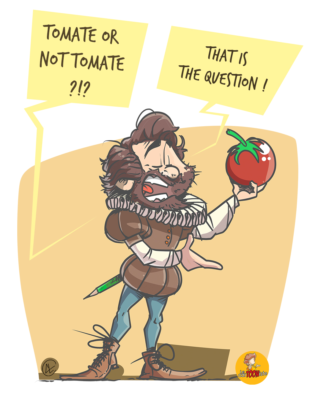 Dessin humoristique d'un Hamlet cartoon tenant une tomate pour illustrer la méthode Pomodoro et la concentration au travail.