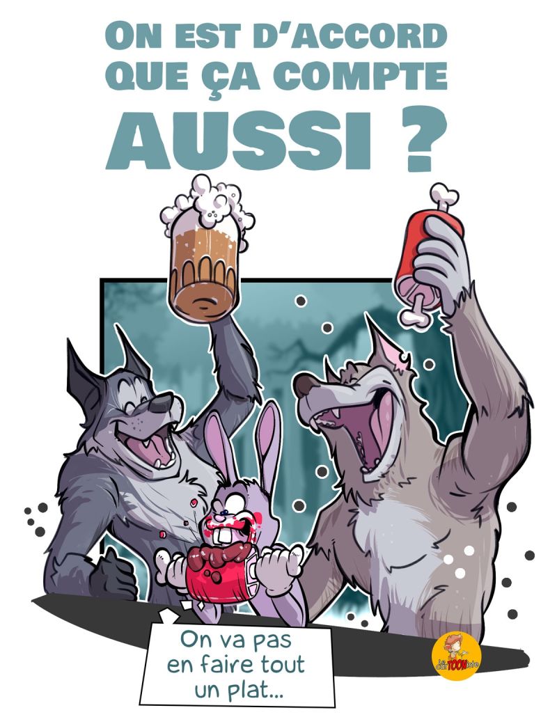 Dessin humoristique autour d'un loup et d'une métaphore végétarienne inspirée par une publicité Intermarché.